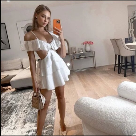 Elegant White Ruffle Mini Dress - Picture 2 of 10